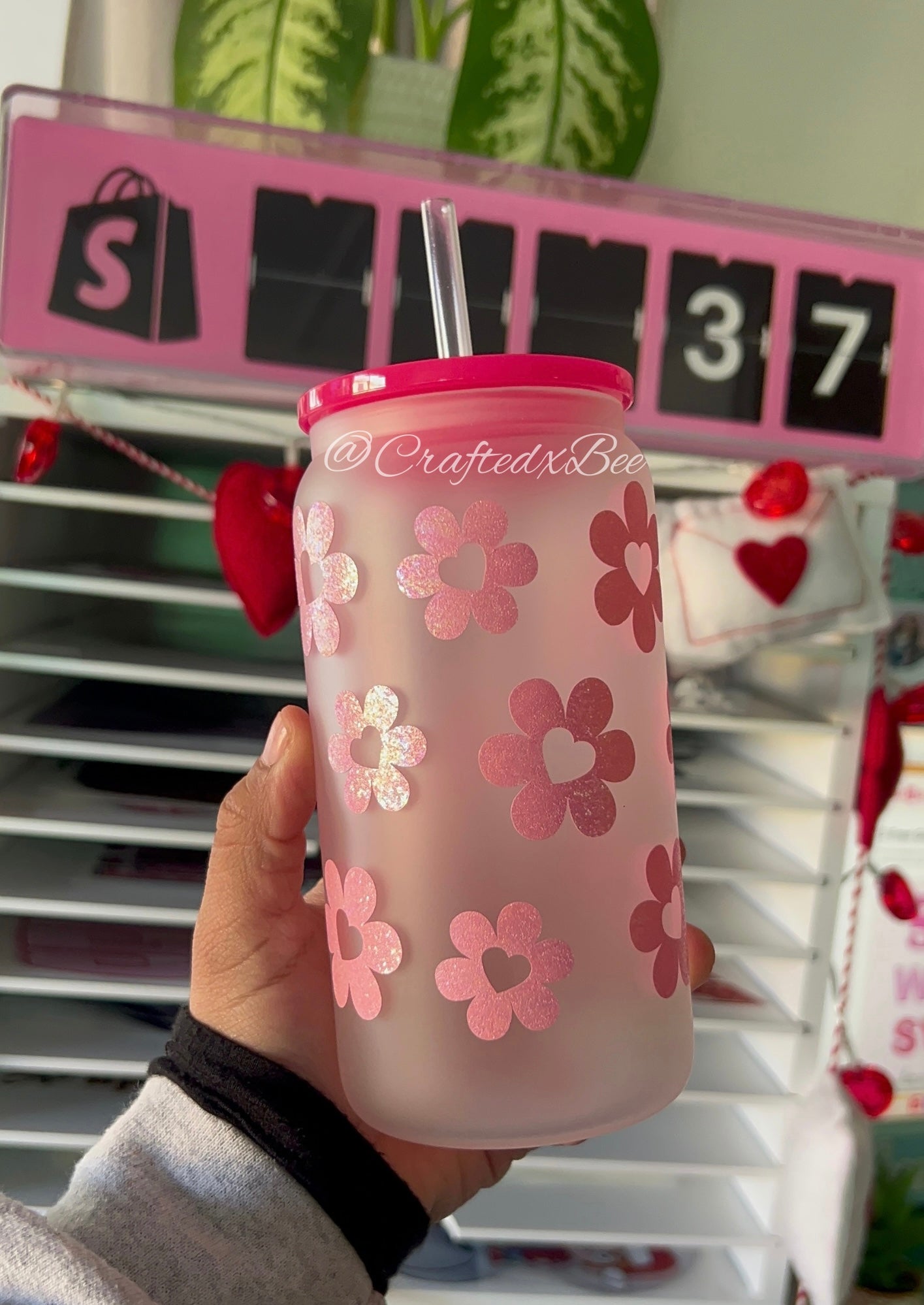 Pink Flowers Glass Can