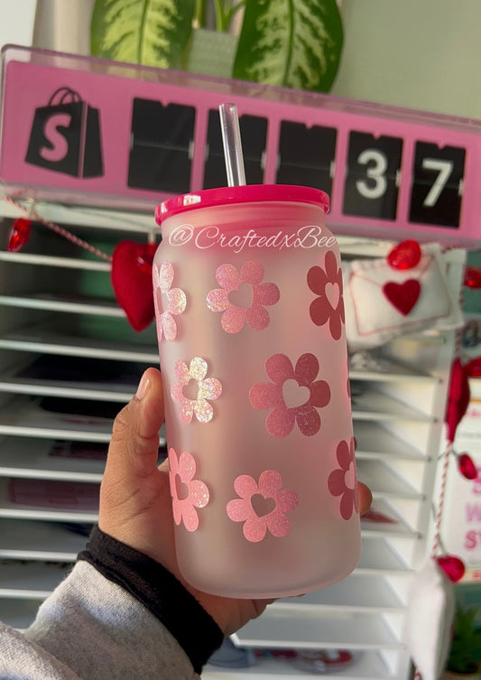 Pink Flowers Glass Can